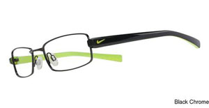 The image shows a pair of eyeglasses with a black frame and yellow accents.