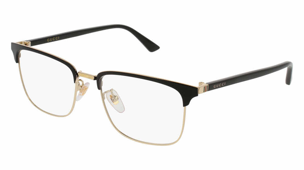 A pair of black glasses with gold accents against a white background.