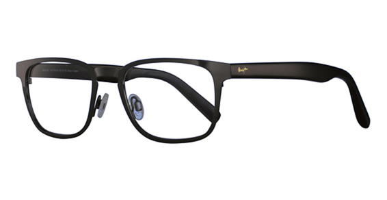 The image shows a pair of black-rimmed glasses with clear lenses, featuring a logo on the left lens and a thin strap attached to the right temple.